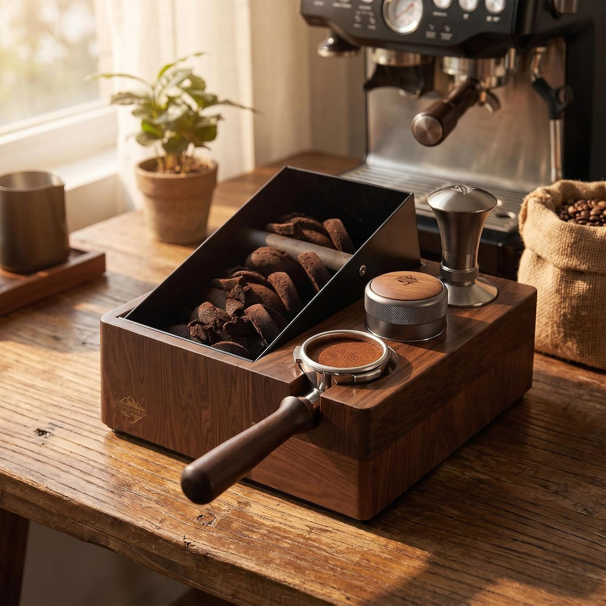 Coffee Knock Box for 58mm Portafilter - 4-in-1 Natural Walnut Espresso Tamping Station, Distributor &amp; Tamper Holder, 1.5L Large Capacity Coffee Grounds Container for Coffee Bar Accessories