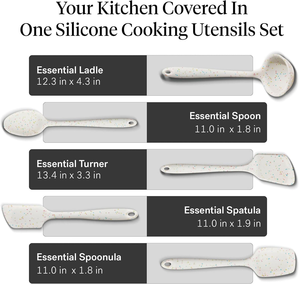 GIR: Get It Right 5-Piece All-Purpose Cooking Utensil Set - 11 in Party Confetti Color - Pharmaceutical-Grade Silicone Utensils - Heat-Resistant 425°F & Dishwasher-Friendly