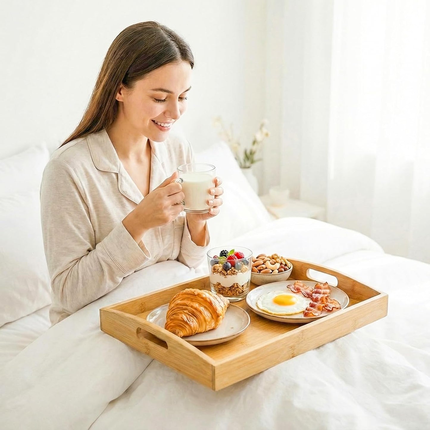 Bamboo Serving Tray Set of 2, Bamboo Trays with Handles | Decorative bamboo serving trays for serving, storage,kitchens, living rooms,bathrooms, outdoor dining 17" × 13" &amp; 16" × 12"