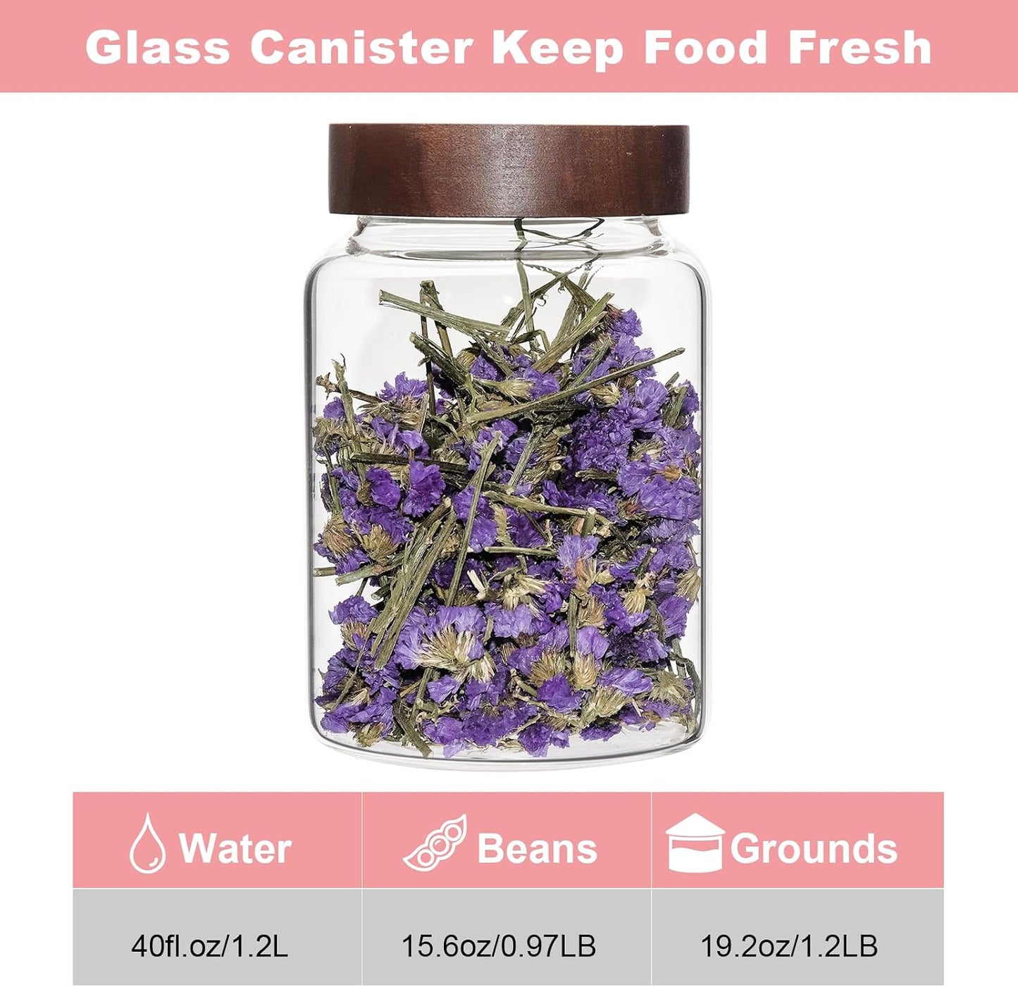 40 oz Glass Jar with Wooden Screw Lid 1200ml Airtight Coffee Sugar Container Clear Food Storage Canisters Bottle for Spice Herb Kitchen Tea Overnight Oats Bar Parfait Snacks (1200ml(40oz)-1 pack)