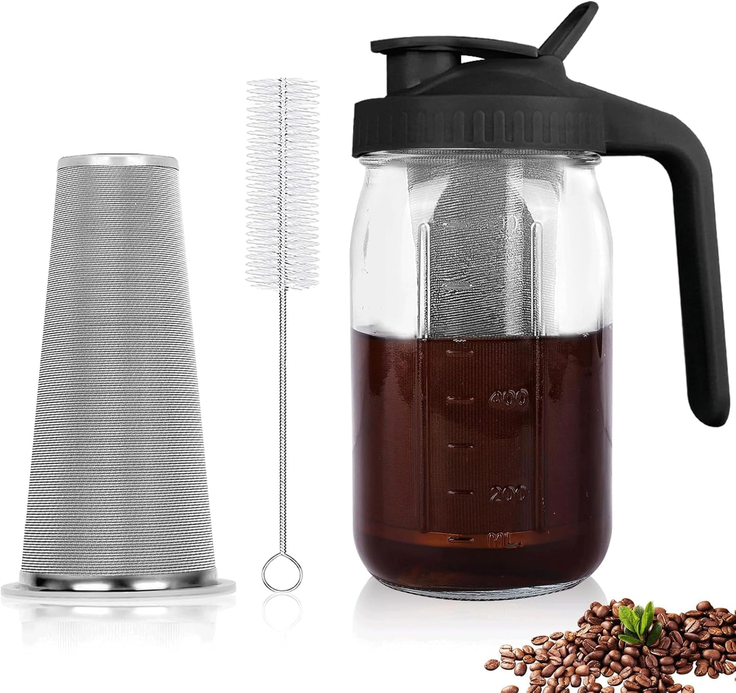 Cold Brew Coffee Maker,32 Oz Mason Jar Pitcher with Stainless Steel Filter, Pour Spout Handle Lid, H