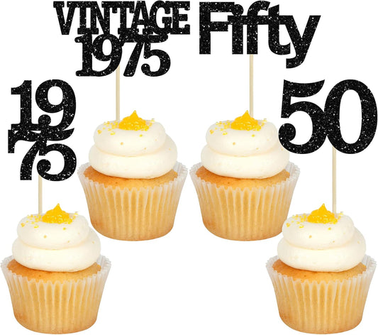 Gyufise 24Pcs Vintage 1975 Cupcake Toppers Cheers to 50 Fabulous Fifty Cupcake Picks 50th Birthday Wedding Anniversary Party