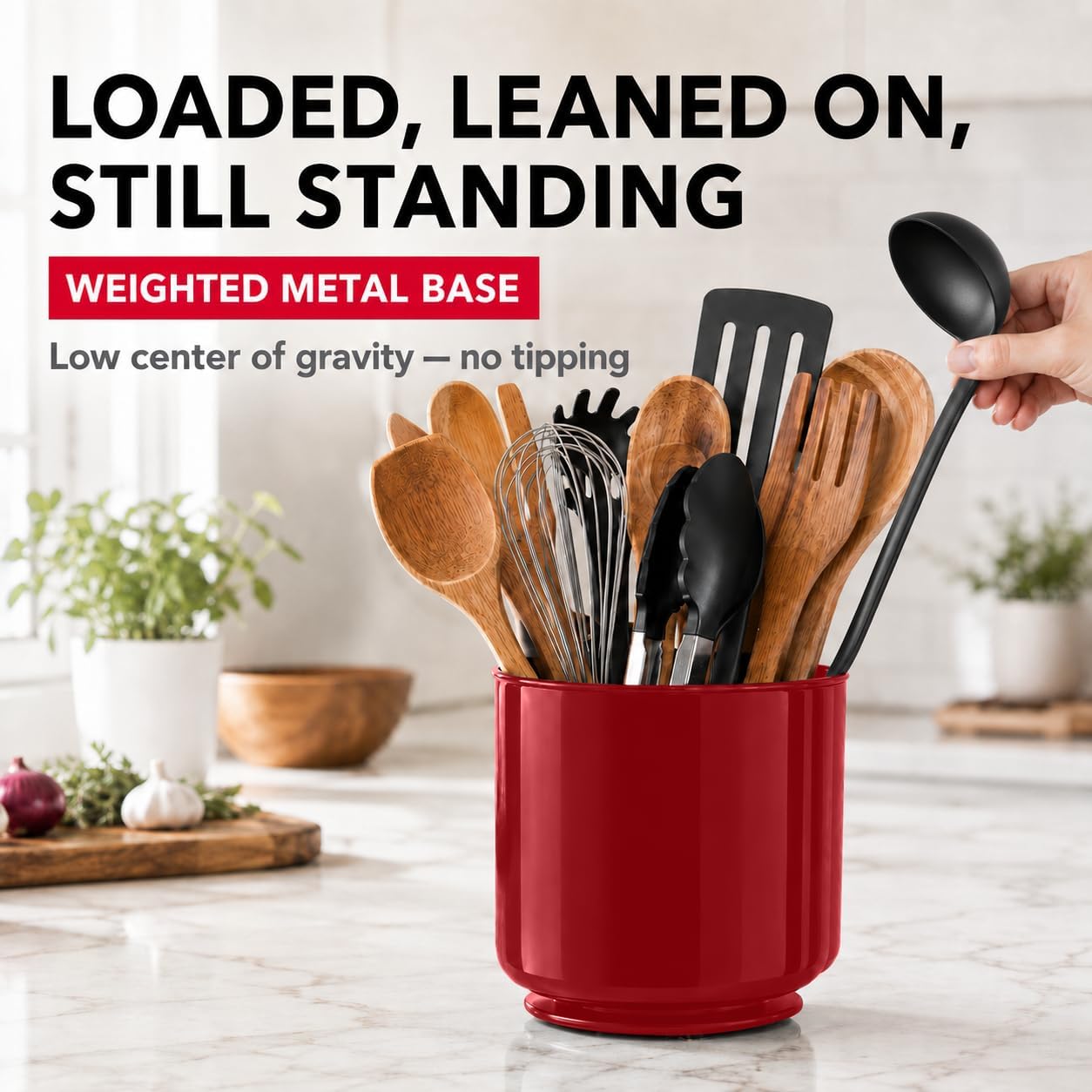Extra Large Rotating Red Utensil Holder with Sturdy No-Tip Weighted Base, Removable Divider, and Gripped Insert | Rust Proof and Dishwasher Safe Kitchen Utensils Holder by Cooler Kitchen 7*7 Inches