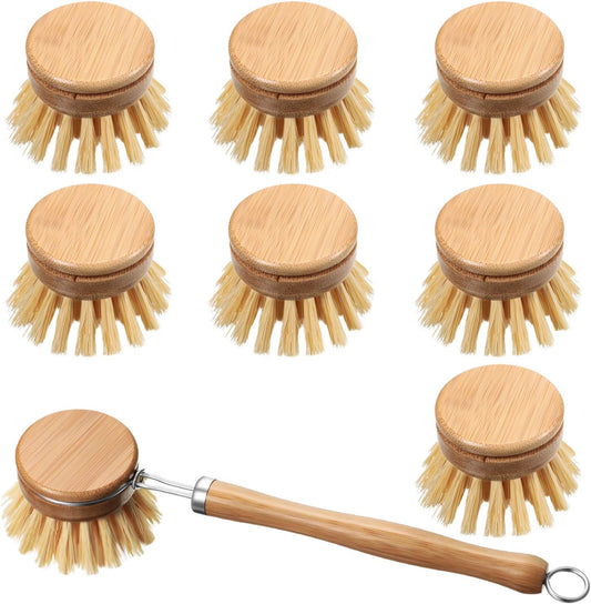 Patelai 8 Pieces Wooden Kitchen Dish Brush Include Bamboo Scrub Cleaning Brush and Replacement Heads Dish Scrubber for
