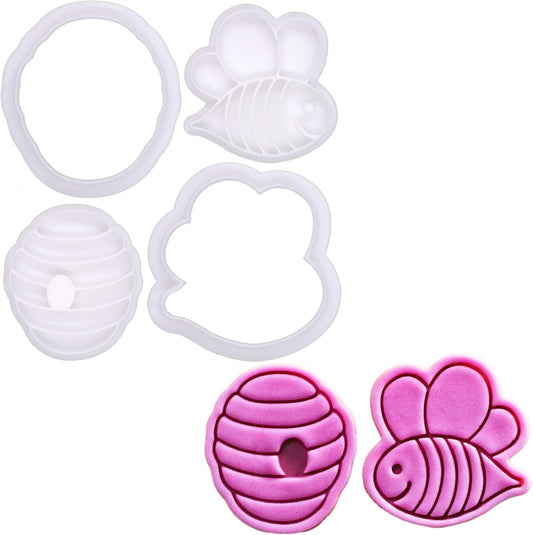 BAKERLOGY Bee Happy - Mini 2" Cookie Cutter & Stamp Set - Cute Bee & BeeHive Design for Easter & Spring Cookies, Cupcakes &