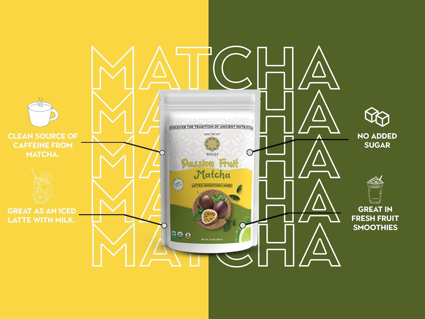 Ancient Roots Passion Fruit Matcha Mix – Organic Green Tea Powder for Lattes, Smoothies, &amp; Baking Matcha Powder, Antioxident 100% Natural, Vegan, Gluten-Free (3.5 OZ, Passion Fruit)