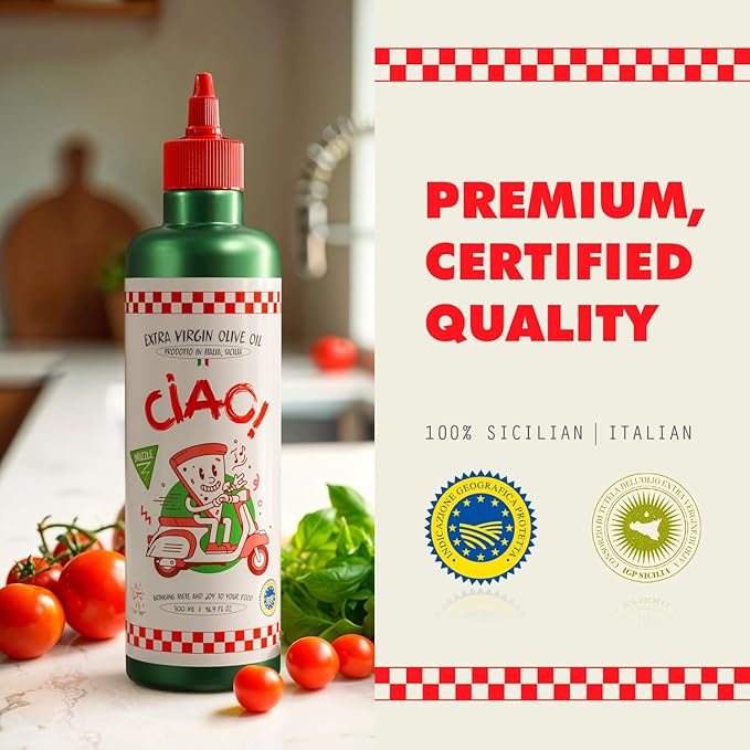 CIAO Sicilian Extra Virgin Olive Oil – First Cold-Pressed, High Polyphenol, Organic, Authentic Flavor, 16.9 Fl Oz