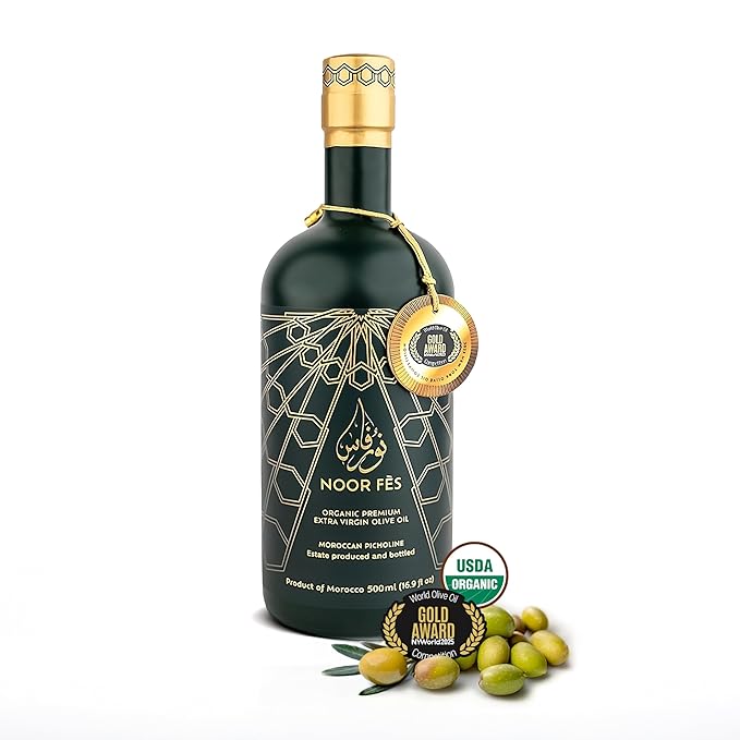 NOOR FÈS 20+ Awards EVOO | Polyphenol Rich 584 mg/kg | USDA Organic Extra Virgin Olive Oil | Moroccan Picholine | Cold Extracted Olive Oil | Great Gift for Chefs | 17 Oz.