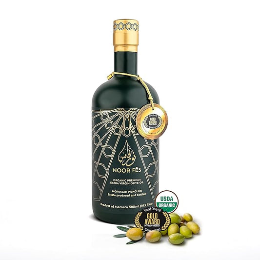 NOOR FÈS 20+ Awards EVOO | Polyphenol Rich 584 mg/kg | USDA Organic Extra Virgin Olive Oil | Moroccan Picholine | Cold