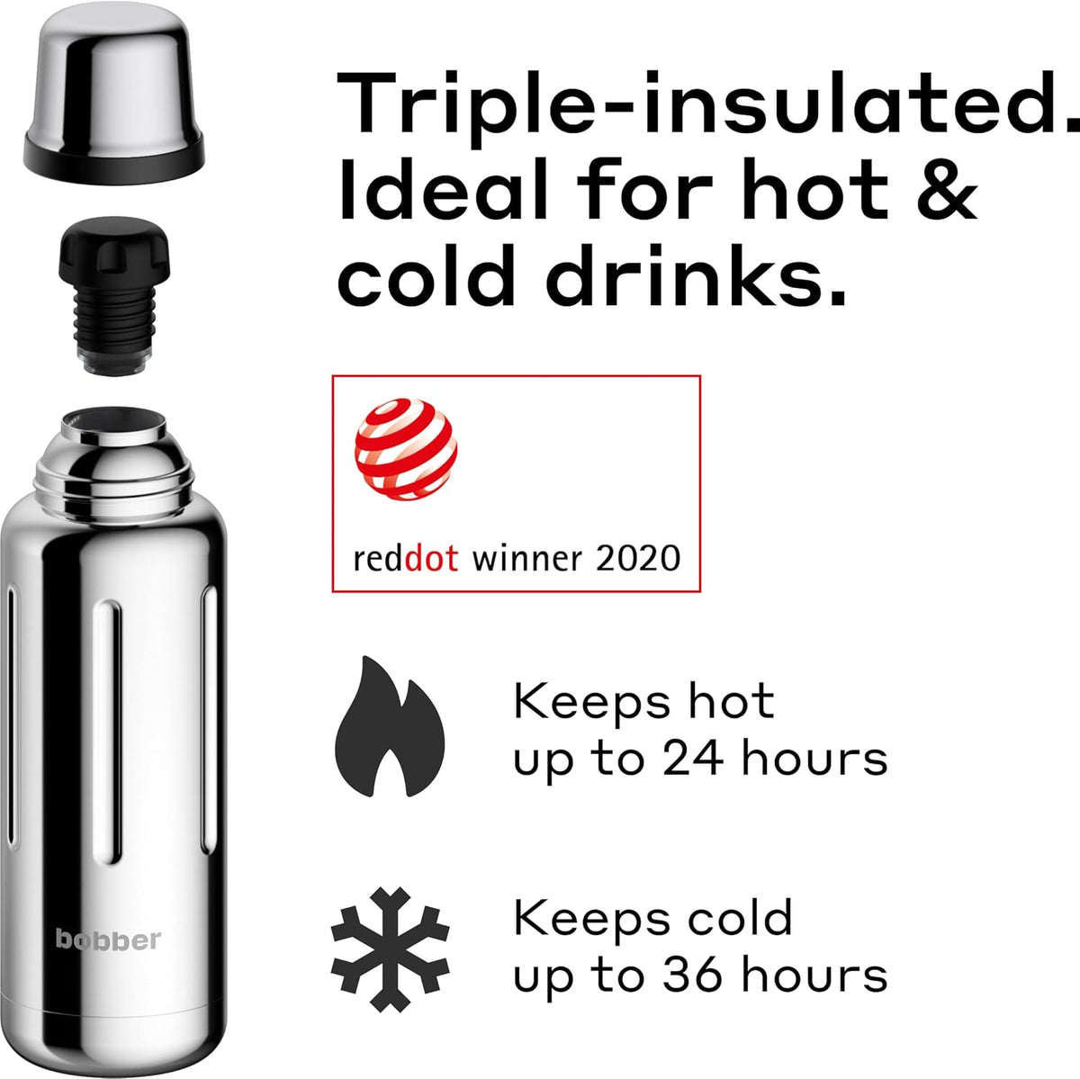 BOBBER 16 oz Stainless Steel Insulated Bottle – 24 Hours Hot – Dishwasher Safe Small Thermo for Hot Drinks – Leak Proof, Insulated Thermo Flask for Tea and Coffee, for Men and Women (Glossy)