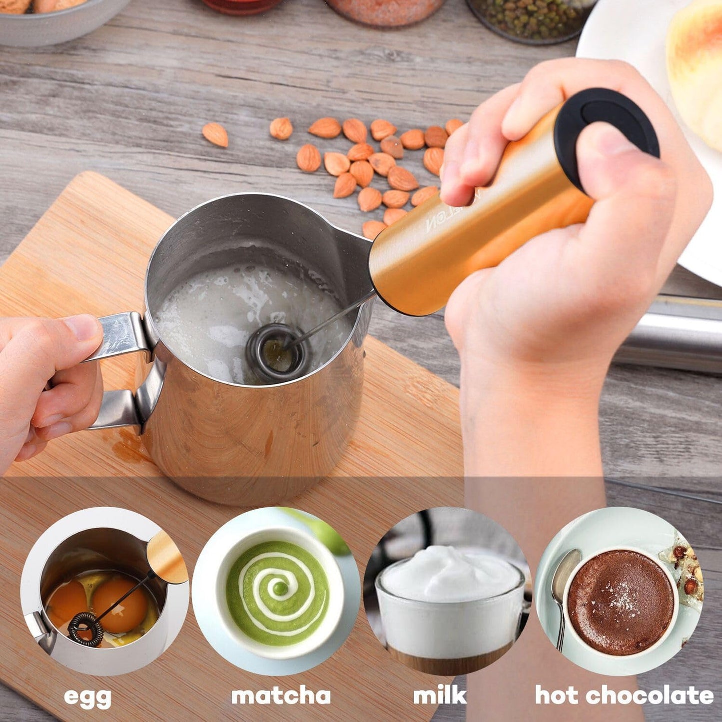 Rechargeable Electric Milk Frother Handheld,2-Speed Travel Frother with Tube Case, Milk Foamer Coffee Frother for Latte, Cappuccino, Drink Mixer with 2 Stainless Whisks and Charger Golden