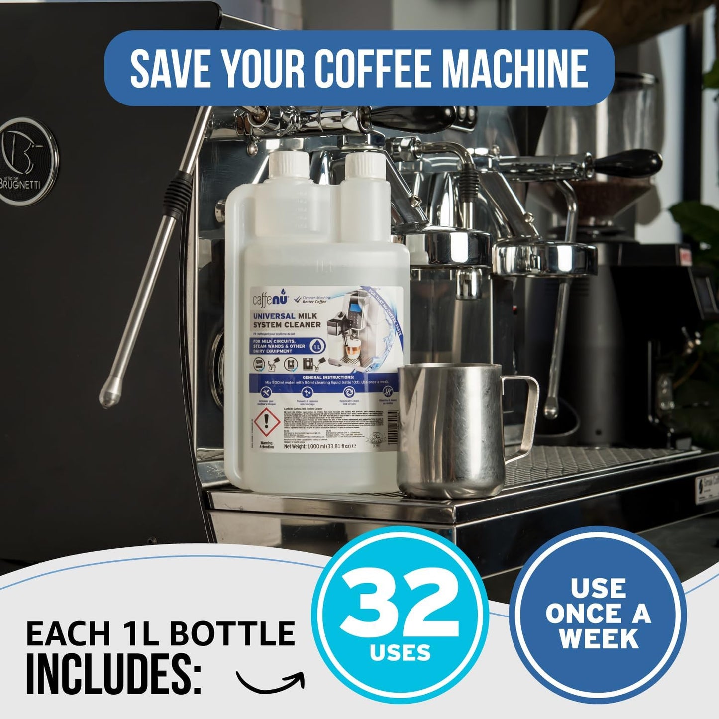 Caffenu Universal Milk System Cleaner, Use on All Machines, 33.8fl oz/1 L | (1 Liter) Professional Alkaline Liquid - Cleaner for Steam Wands, Automatic Milk Circuits - Removes Milk Blockages &amp; Odors