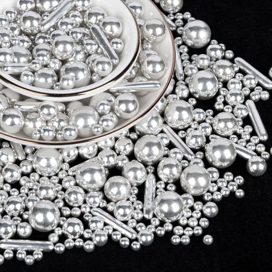 Silver Pearl Rods Sprinkles, Twisweet Edible Sugar Sprinkles for Cake Decorating Mix Size Candy Pearls for Baking Cake