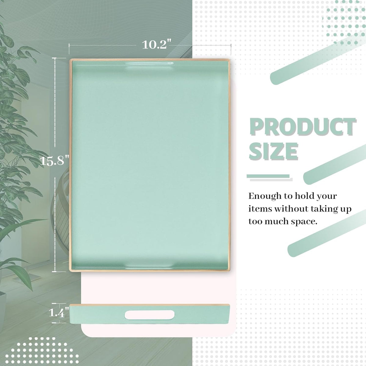 MAONAME Mint Green Decorative Tray for Ottoman, Serving Tray with Handles | Plastic Melamine Tray, Modern Coffee Table Tray, Rectangle Countertop Organizer Tray for Living Room, 15.8"L x 10.2"W x 1.4"H