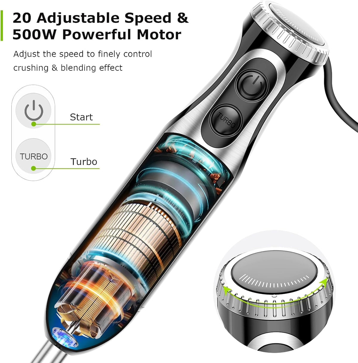 Bonsenkitchen Immersion Blender with Food Processor, 20 Speeds &amp; Turbo Mode | 4-in-1 Emulsion Hand Blender, Egg Whisk, 24 oz Beaker &amp; Chopper Bowl, Portable Hand Mixer for Smoothie, Soup, Baby Food