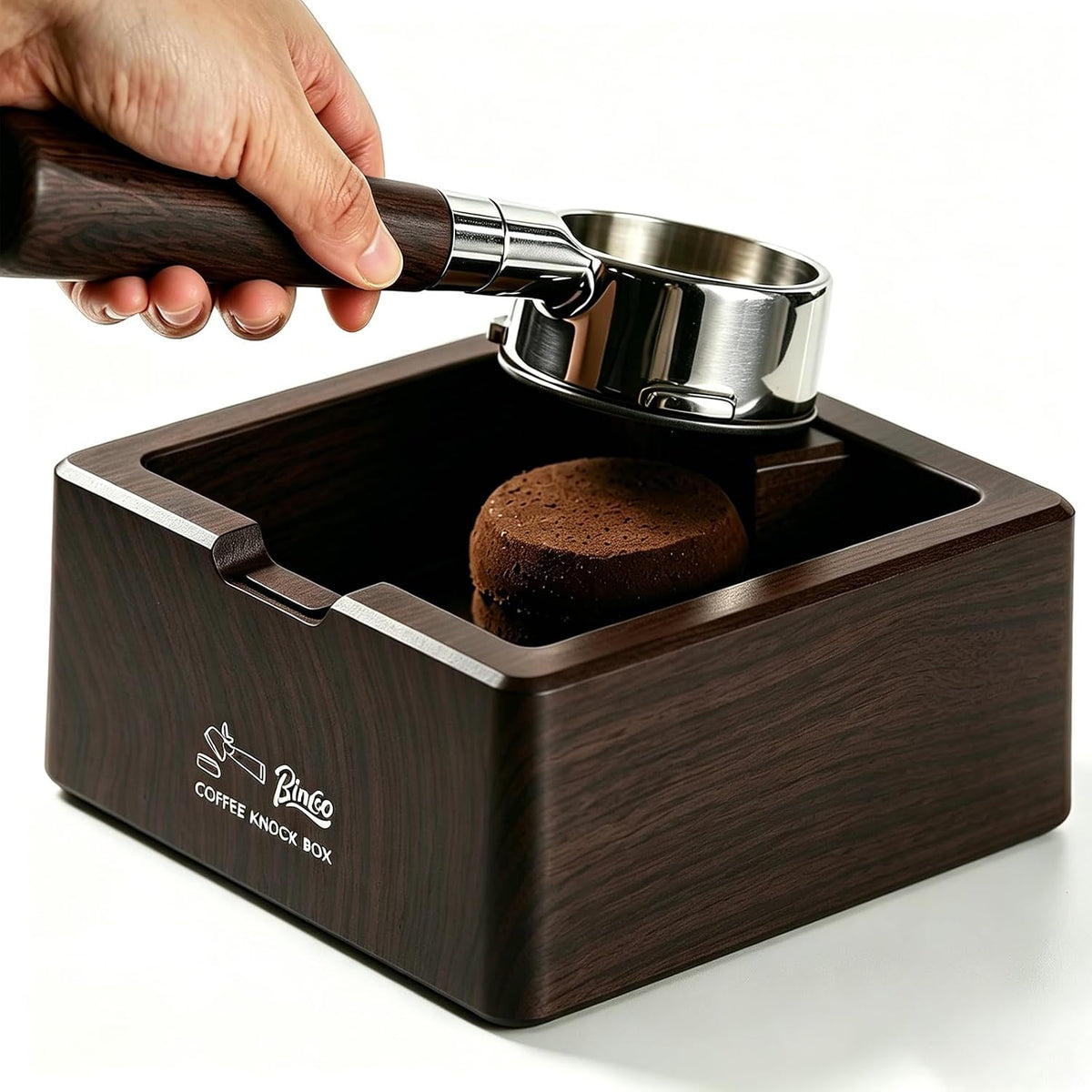 Bincoo Square Espresso knock Box 16cm /6.3 Inch Barista Style Coffee Knock Box for Grounds with Anti-Slip Base, Multi-functional Sturdy Espresso Dump Bin for Home/Office. (Brown)
