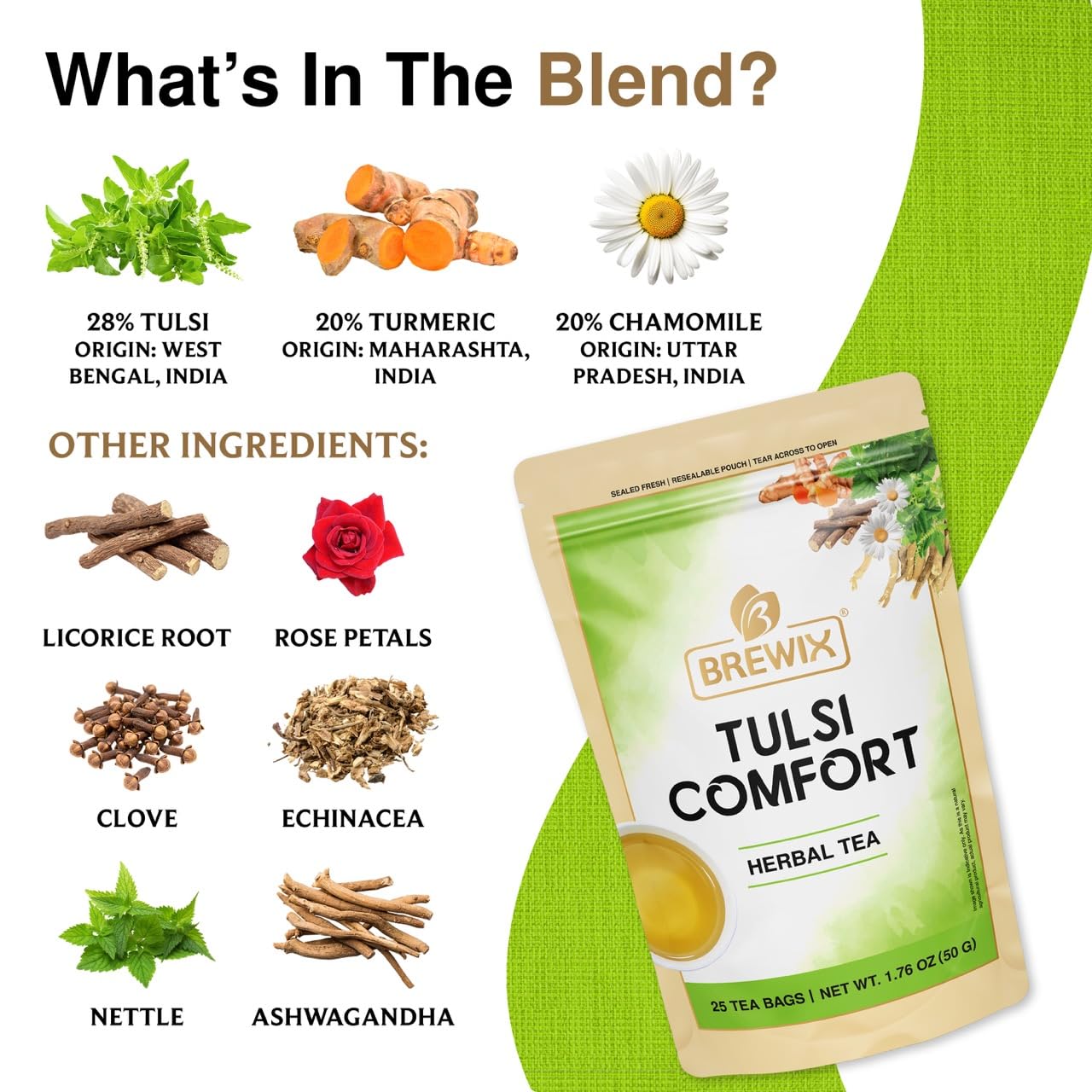 BREWIX, Tulsi Holy Basil Tea Bags (25 Pyramid Bags) | Tulsi Leaves | Holy Basil & Chamomile | Caffeine Free | Herbal Tea Bags | Calming, Fresh and Cool Flavor