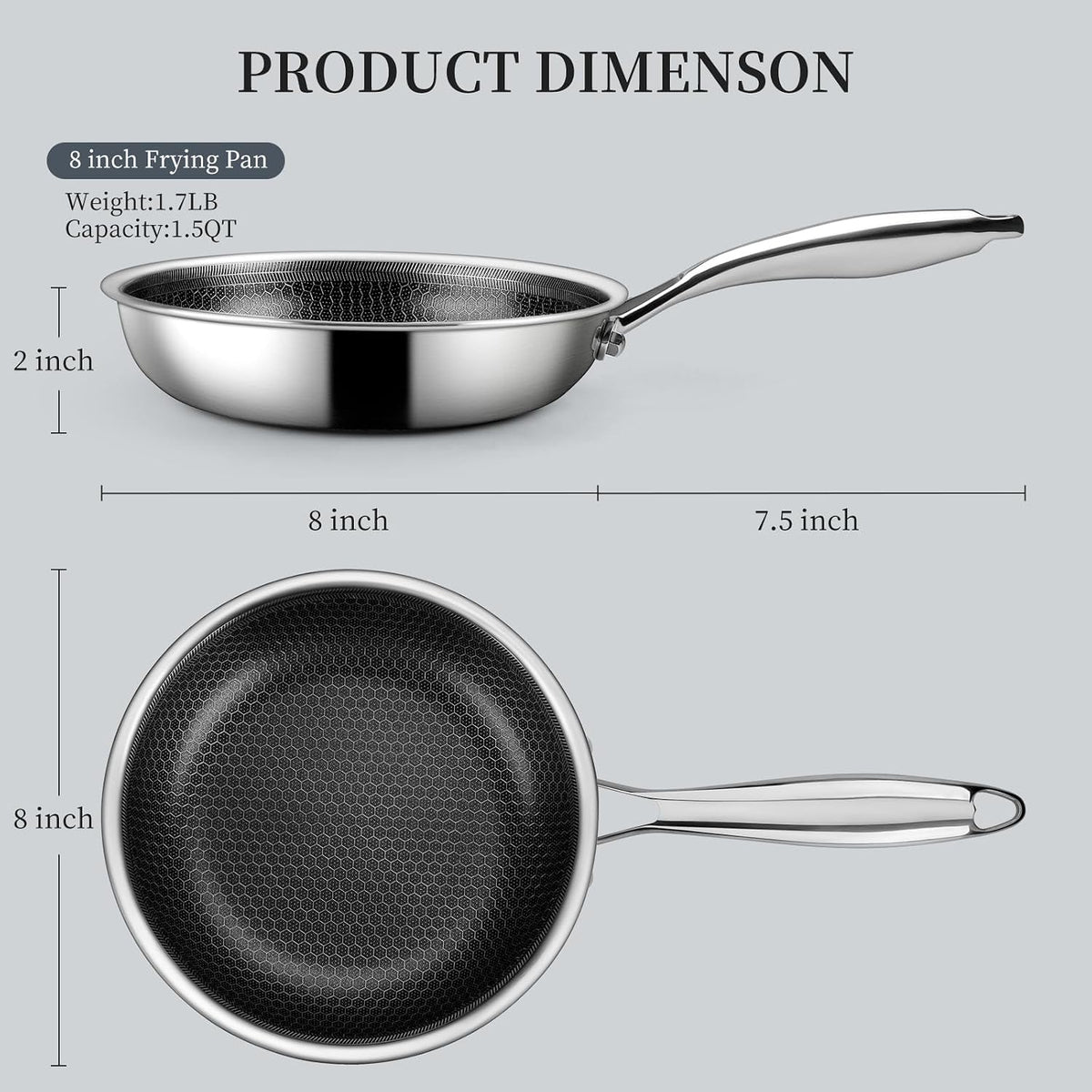 Stainless Steel Frying Pan 8 Inch Nonstick Honeycomb Coatings Skillet for Eggs & Omelettes-Non Toxic Healthy Kitchen Cooking Pan Compatible with All Cooktops