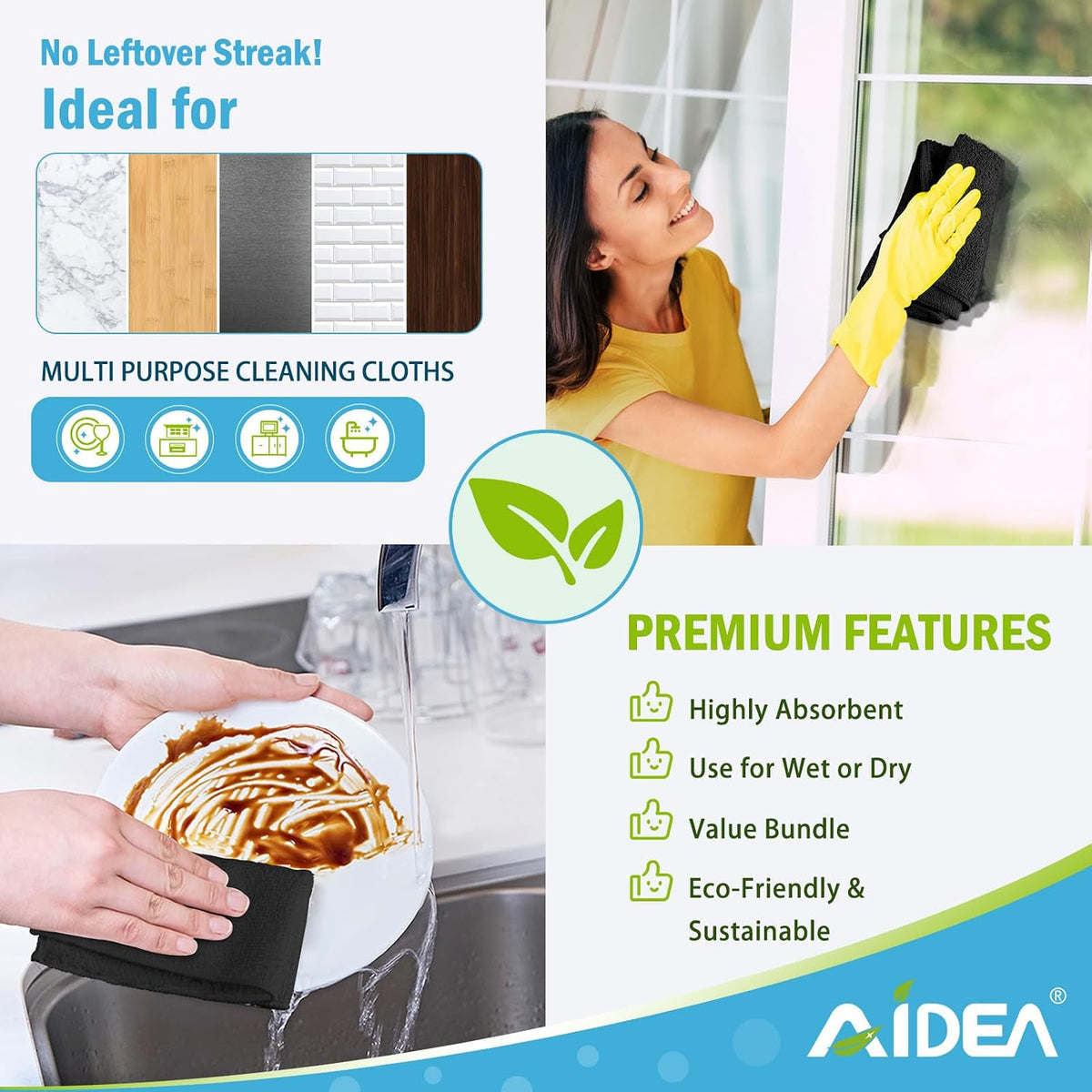 AIDEA Microfiber Cleaning Cloth Black 50PK, Microfiber Towels 11.5×11.5"