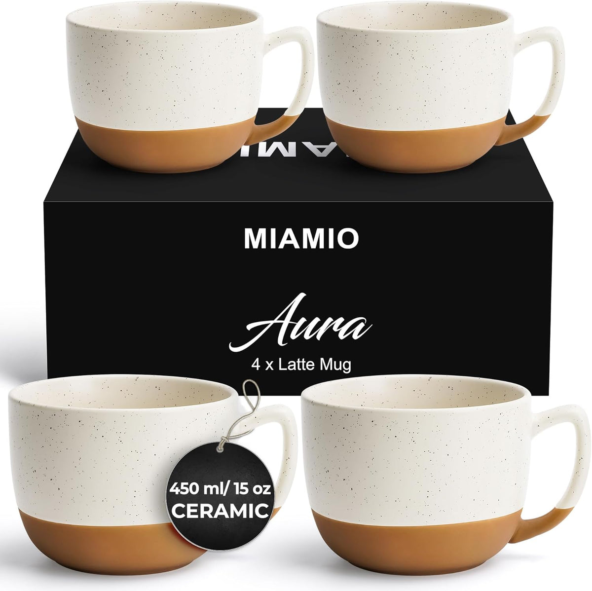 MIAMIO – 15 Ounce, Set of 4 Ceramic Latte Mug – Elegant Modern Coffee Mug Set for Cafe, Latte, Tea, Hot Cocoa - Drinks Dishwasher & Microwave Safe – Aura Collection (Creamy Cocoa, Coffee Mug(4x))