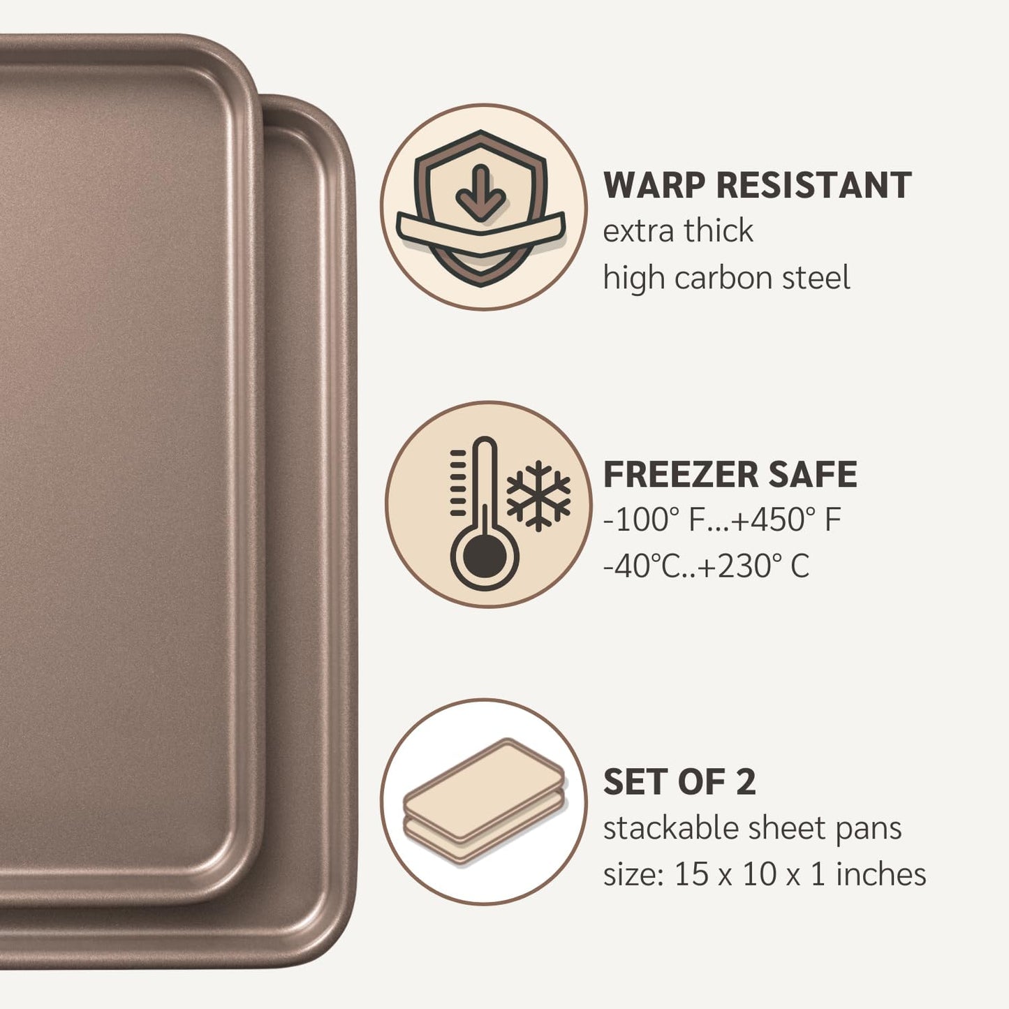 10 x 15 inch Nonstick Jelly Roll Sheet Pan 2-Pack, PFOA &amp; BPA Free | | Non-Toxic - High Carbon Steel - Gold - Cookie Baking Sheets for Oven