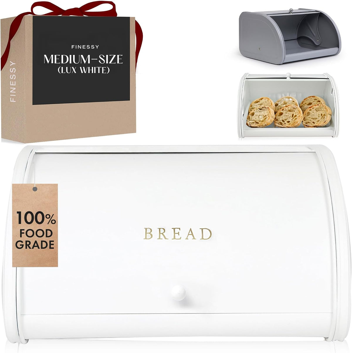 Modern Metal White Bread Box for Kitchen Countertop for Homemade Loaf Sourdough, Roll Top Breadbox for Kitchen Countertop Storage Container Bin, Farmhouse Stainless Steel Bread Keeper for Counters