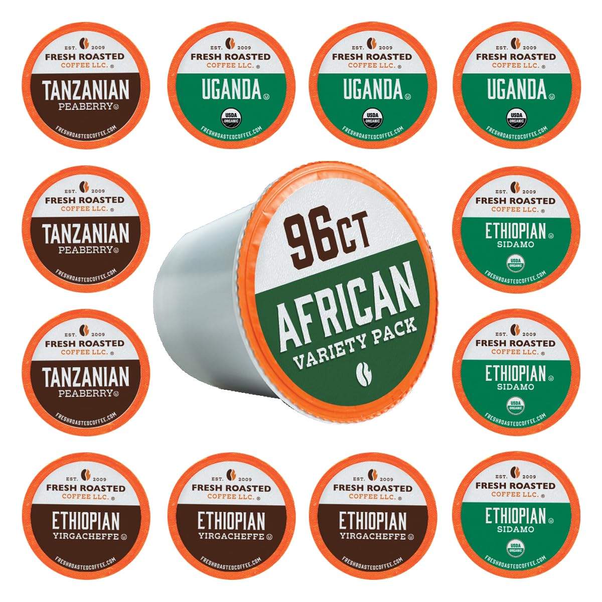 Fresh Roasted Coffee, African Variety Pack K-Cup Pods for Keurig Brewers, Medium Roast, Kosher, 96 Count Loose Pack