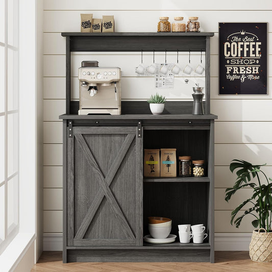 4ever2buy 31" Farmhouse Coffee Bar Cabinet with Storage Hutch, Grey