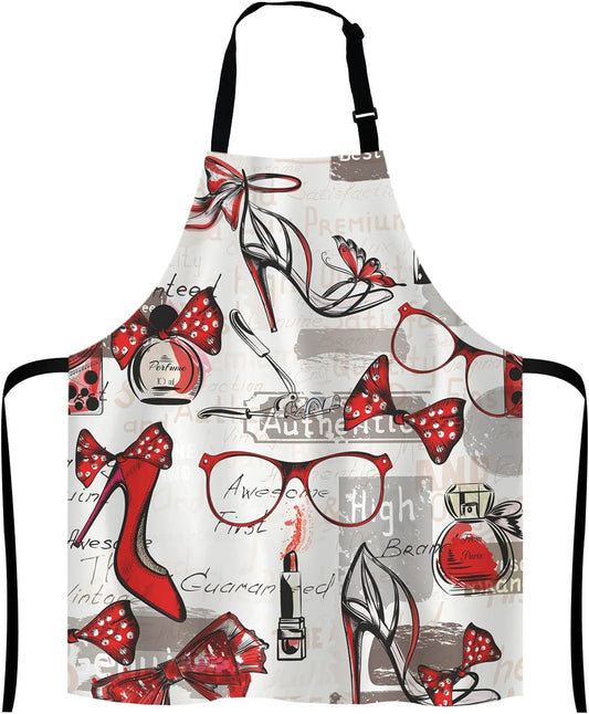 Fashion Girl Apron, Watercolor Red Lipstick Perfumes High Heels in Vintage Background for Woman Unisex Kitchen Bib with