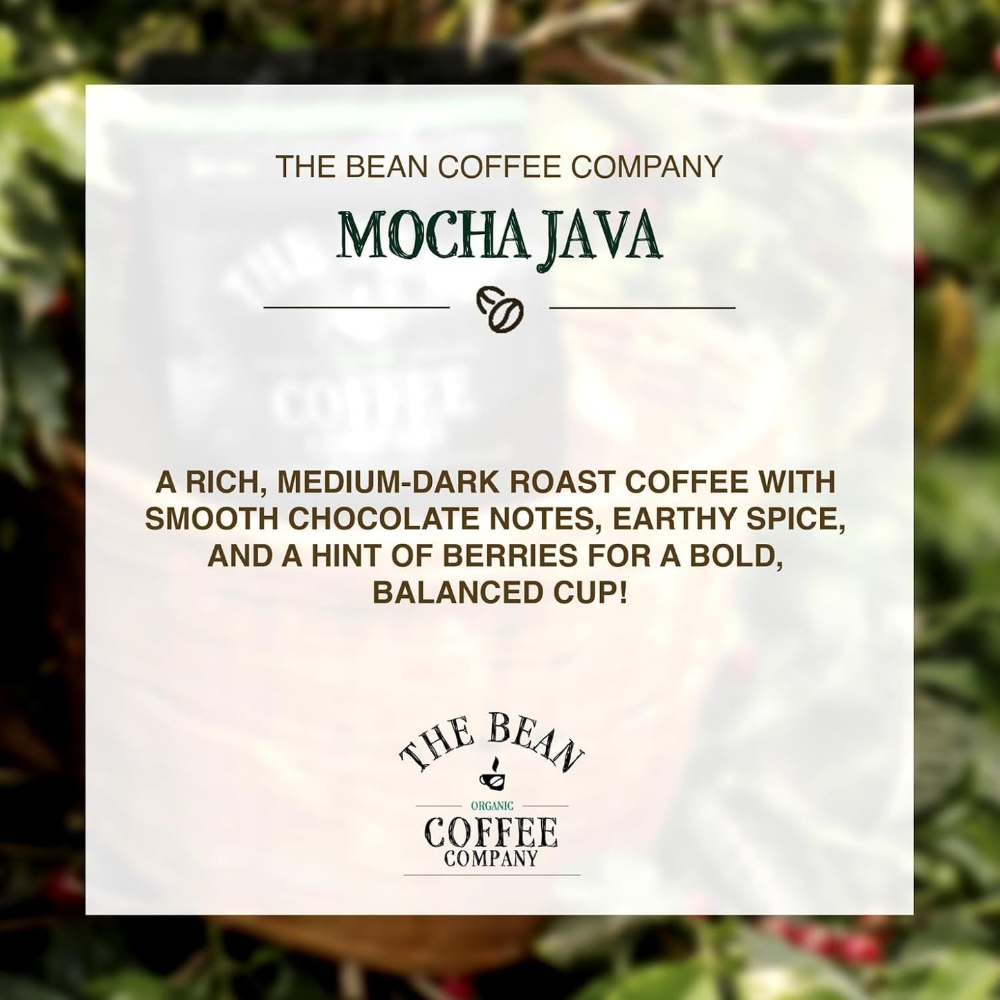 The Bean Organic Coffee Co. Mocha Java, Medium Roast, Ground, 2 x 1 lb | A classic, rich Mocha Java blend. Organic ground coffee. Medium Roast. 2 x 1 lb.