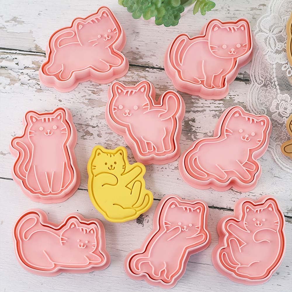 8 pcs Cat Cookie Cutters Set, 3D Cute Kitty Cookie Stamps | Cupcake Pancake Apple Pie Pastry Biscuit Molds, Fruit, Sandwich Cutter, Cookie Baking Molds for Cat Party Decorations