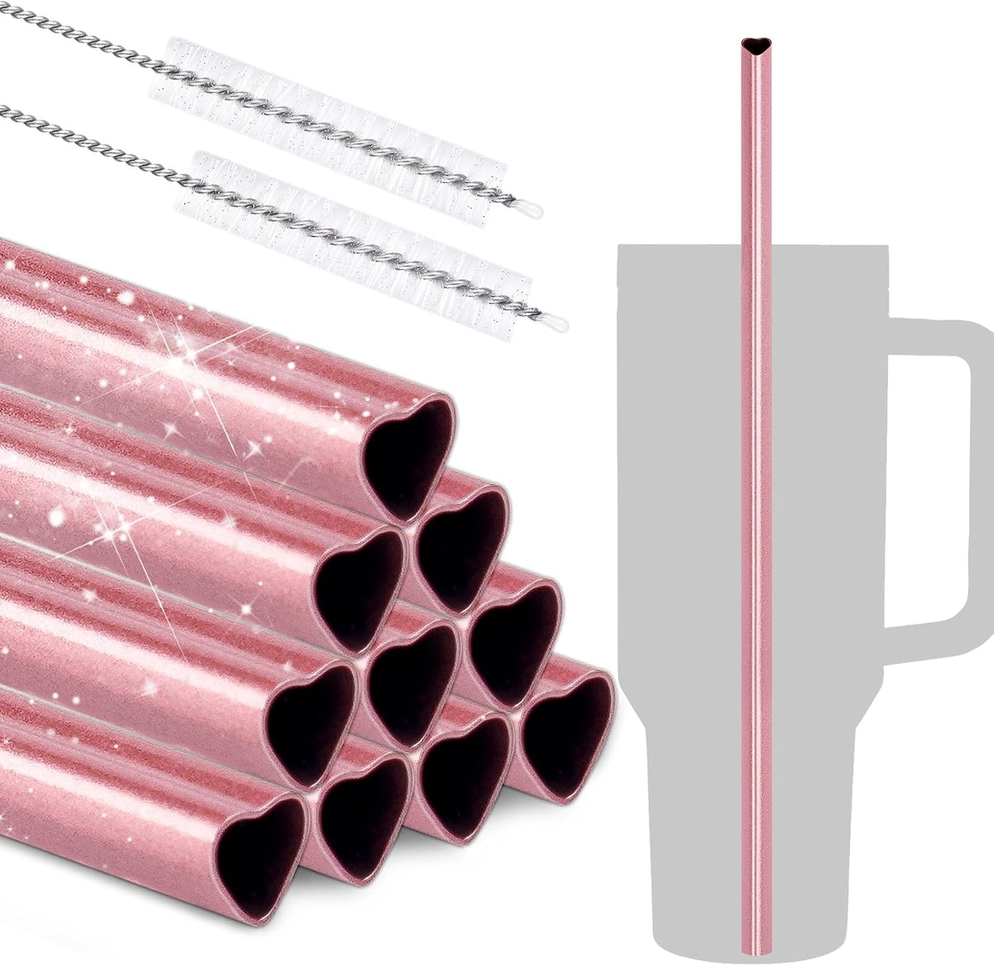 NiHome 12” Heart-Shaped Stainless Steel Straws Fit for Stanley Tumbler 40oz | 10-Pack Metal Straws with 2 Brushes for Holiday, Valentine’s Day, Reusable Drinking for Smoothie Milkshake (Pearl Pink)