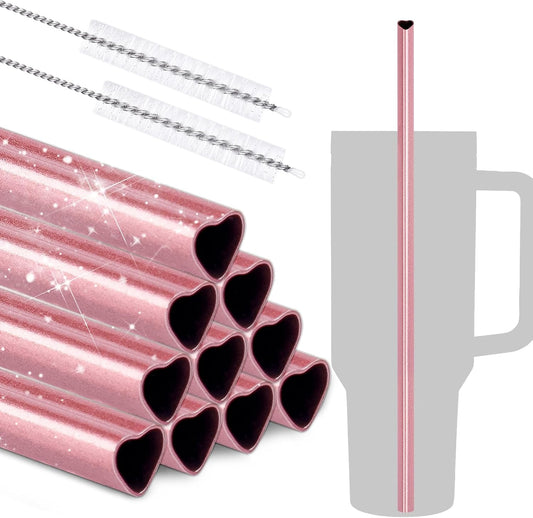 NiHome 12” Heart-Shaped Stainless Steel Straws Fit for Stanley Tumbler 40oz | 10-Pack Metal Straws with 2 Brushes for Holiday, Valentine’s Day, Reusable Drinking for Smoothie Milkshake (Pearl Pink)