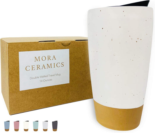 Mora Double Wall Ceramic Coffee Travel Mug with Lid, 14 oz, Portable, Microwave, Dishwasher Safe, Insulated Reusable Tall
