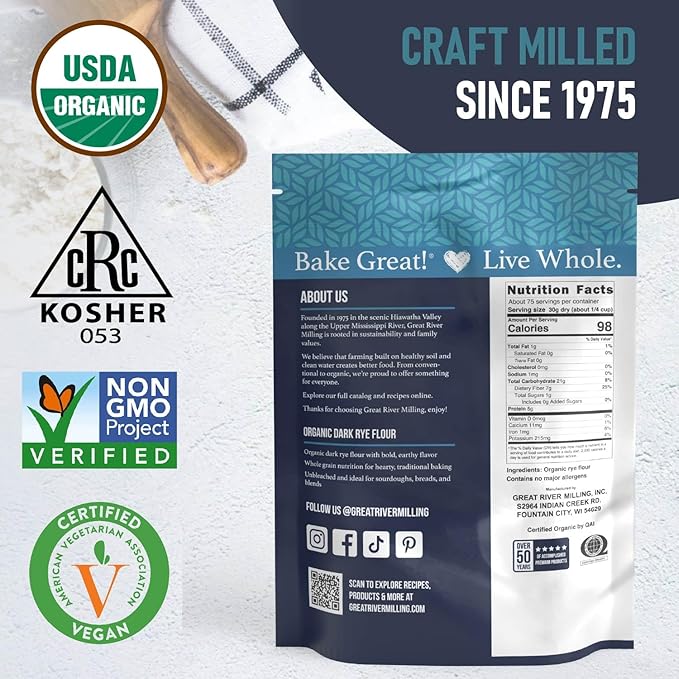 Great River Milling Organic Dark Rye Flour | Whole Grain, Non-GMO, Kosher, Unbromated | Earthy Flavor for Rye Bread, Sourdough Starter, Bagels, Crackers & Artisan Baking | 5 Lb