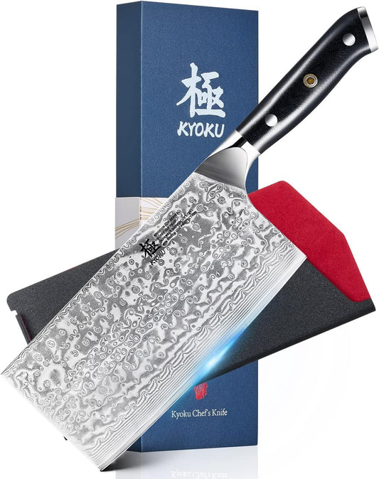 KYOKU Gin Series Vegetable Cleaver Knife, 7" Asian Vegetable Knife, Japanese VG10 Damascus Stainless Steel Knife,