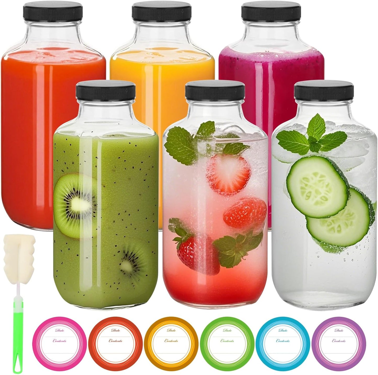 BIGIVACA 16 oz Glass Juice Bottles with Lids,6 PACK Bottles for Juicing,Square Drinking Jars Glass f