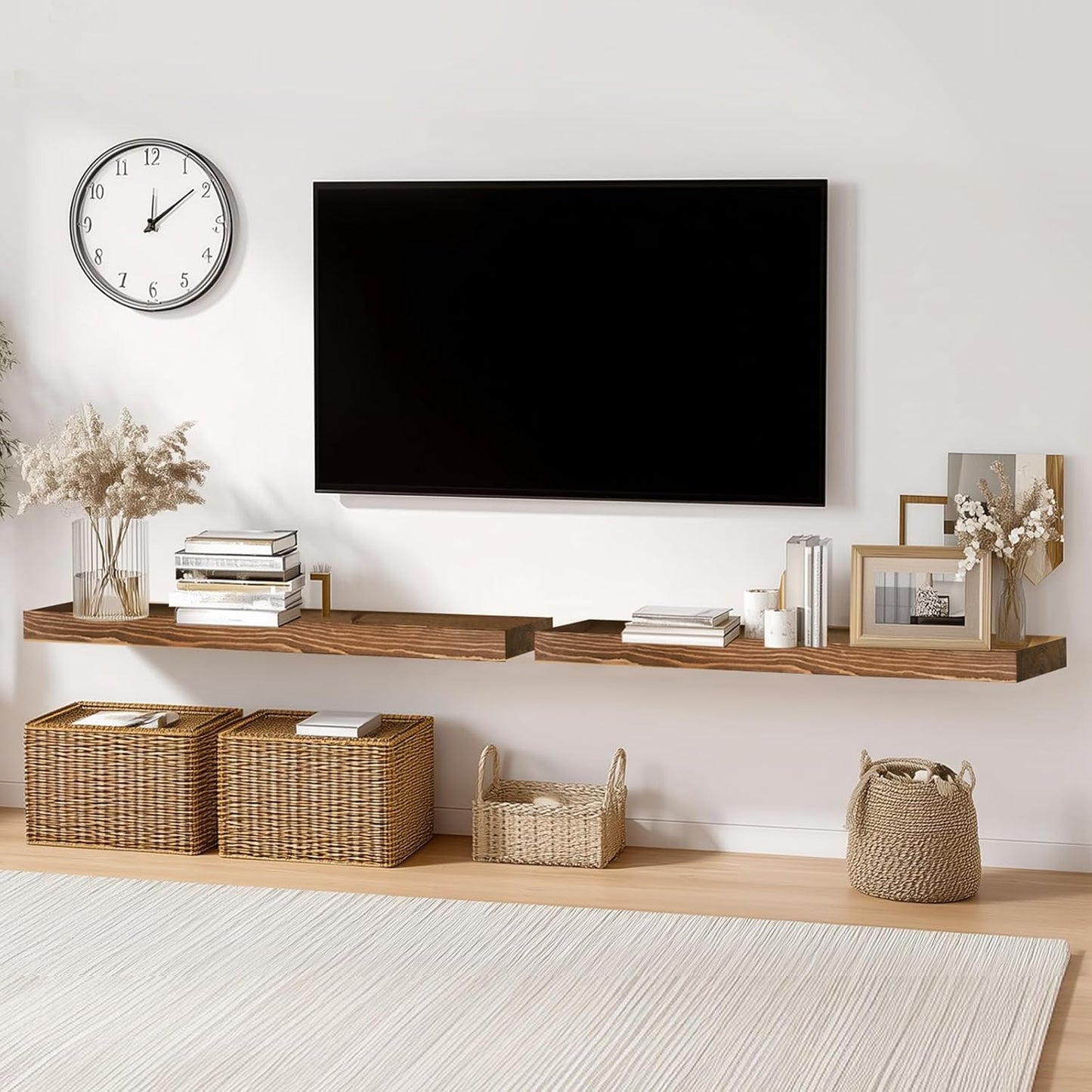 Solid Wood Floating Shelves, 36 Inch Wall Shelves, Set of 2, Brown