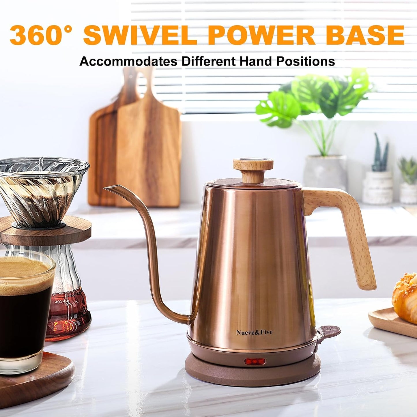 Nueve&amp;Five Electric Gooseneck Kettle with Thermometer, 1.0L Pour Over Hot Water Kettle for Coffee and Tea, 1000W, Auto Shutoff, Boil-Dry Protection,Copper