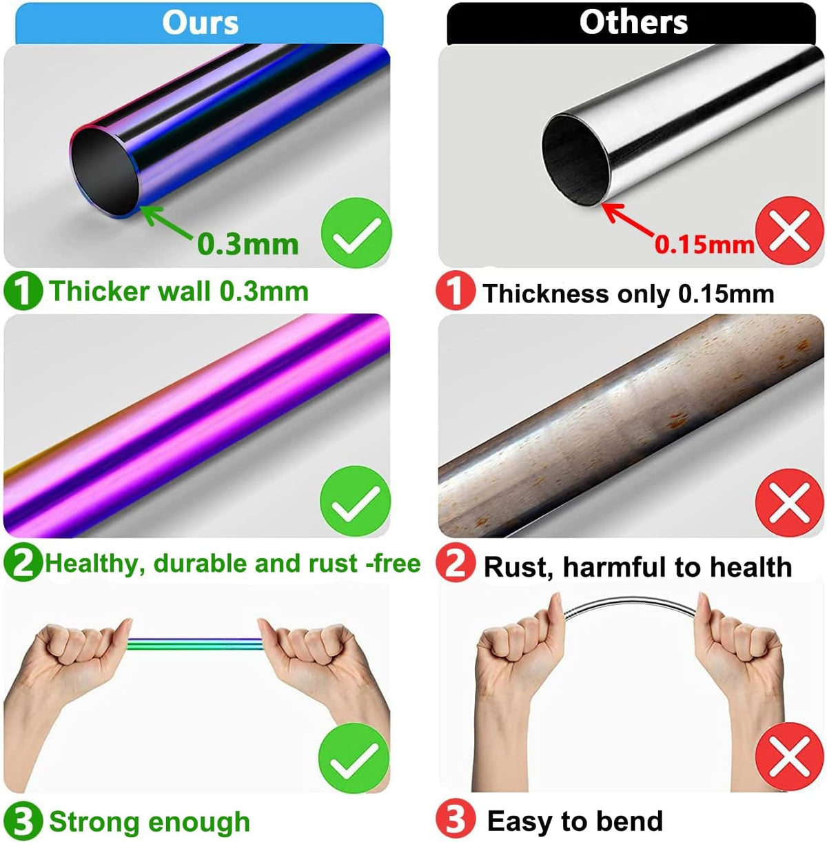Vinaco 6 Pack 0.4" Wide Bore Reusable Stainless Steel Smoothie Straws