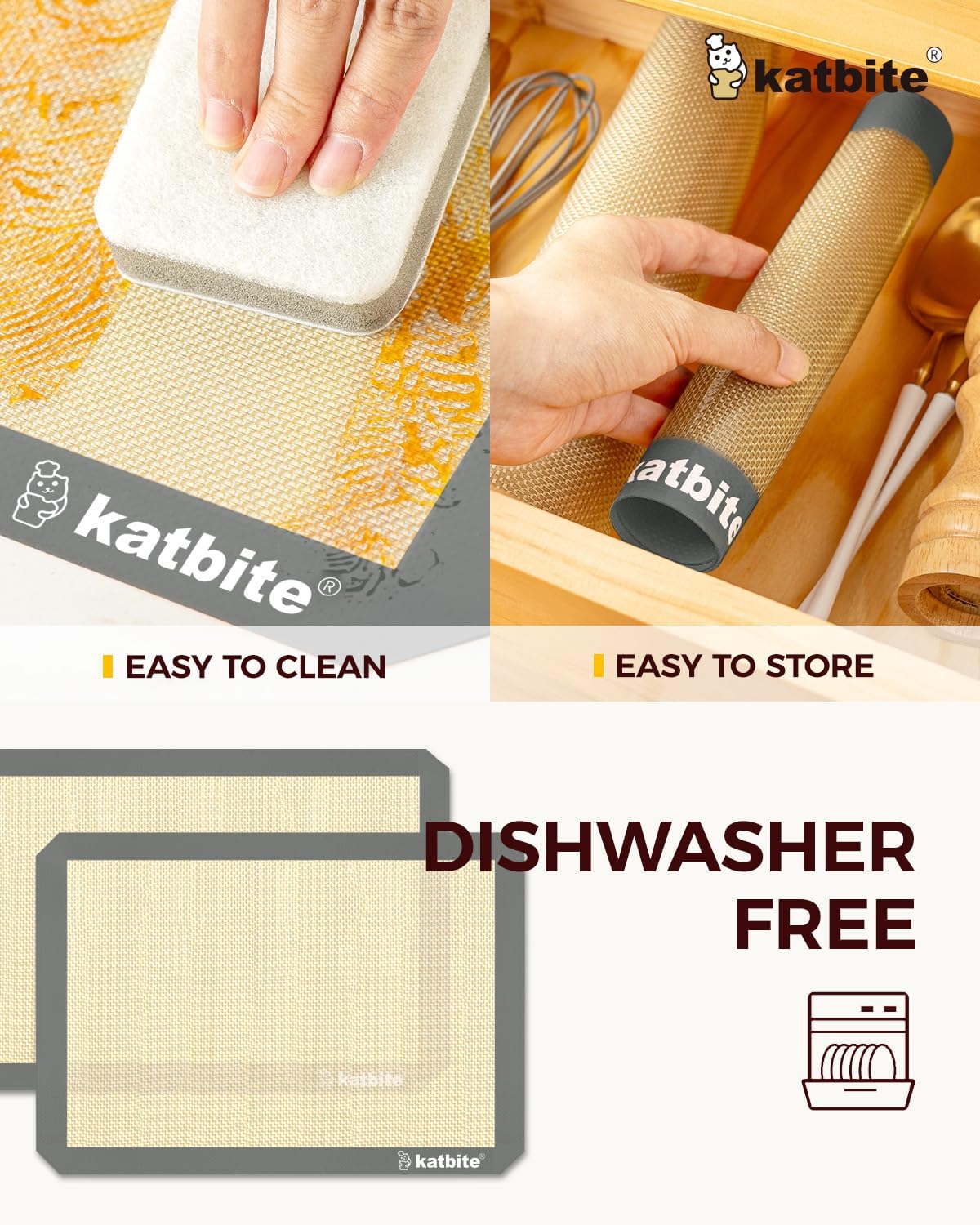 Katbite Silicone Baking Mat Set of 3 Grey | 2 Half Sheets Mats + 1 Quarter Baking Sheet, Reusable &amp; Nonstick Bakeware Mats for Cookies, Macarons, Bread