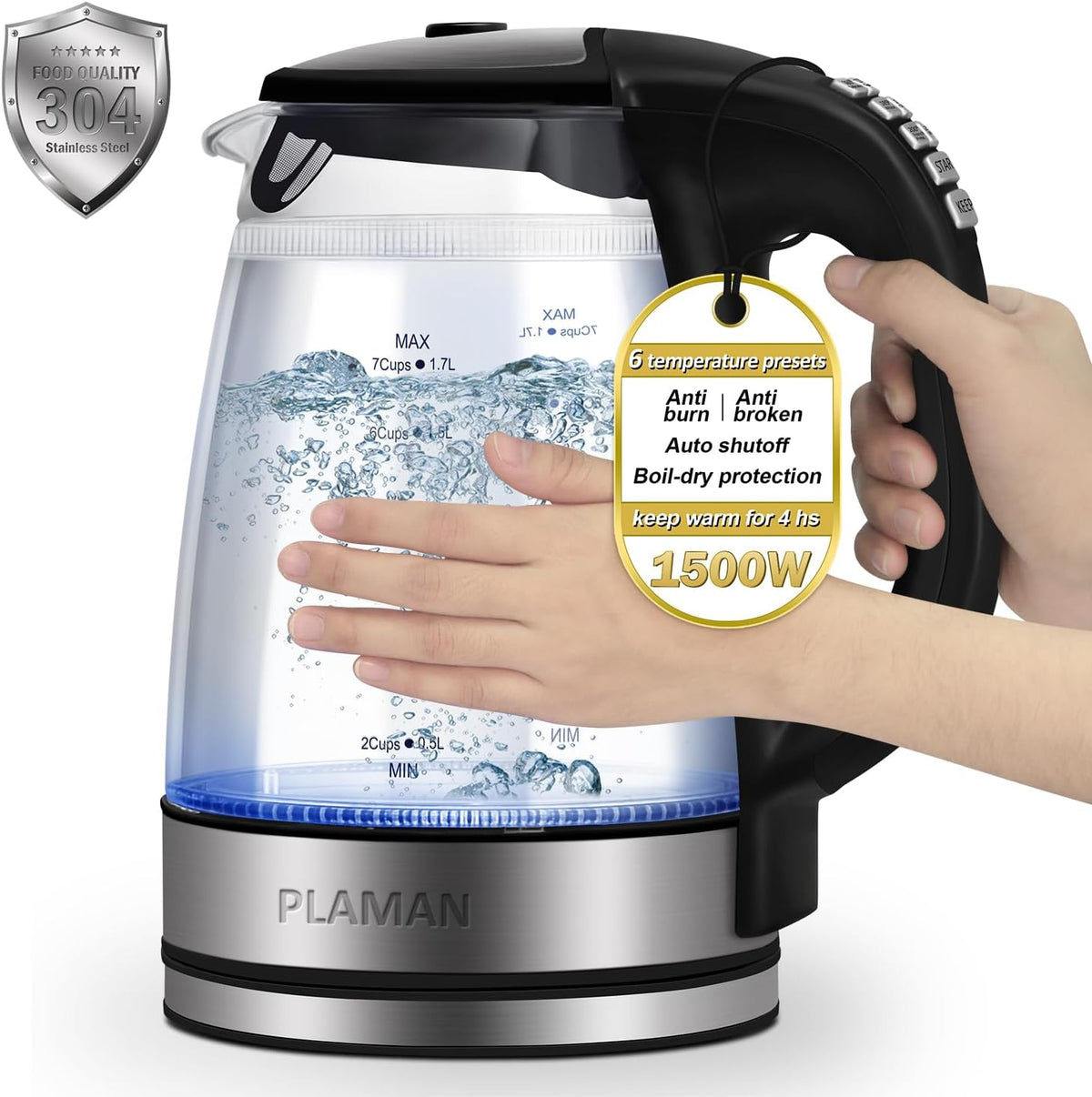 Cool Touch Electric Kettle with 6 Temp Presets for Tea/Coffee | 4H Keep Warm, Borosilicate Glass Inner and PC Outer Wall, BPA free, Auto Shut-off, 1.7L 1500W Fast Boil for Home/Office