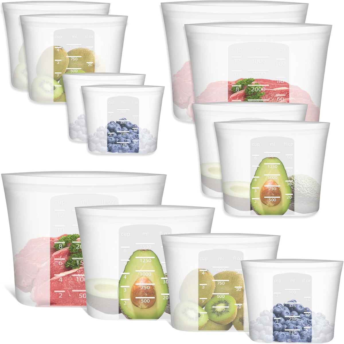 Reusable Storage Bag, 8 Pack 100% Silicone Food Storage Bags Stand Up Zip Lock Bags for Food, Freezer Microwave Oven Dishwasher Safe, 2 X-Large(0.8 Gallon) 2 Medium 2 Small 2 X-Small, Translucent
