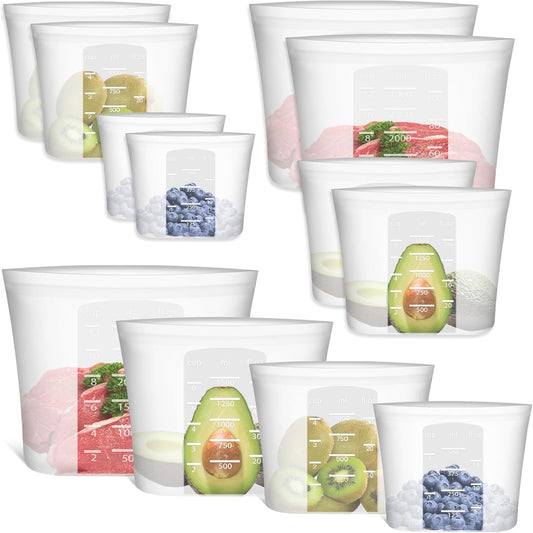 Reusable Storage Bag, 8 Pack 100% Silicone Food Storage Bags Stand Up Zip Lock Bags for Food, Freezer Microwave Oven Dishwasher Safe, 2 X-Large(0.8 Gallon) 2 Medium 2 Small 2 X-Small, Translucent