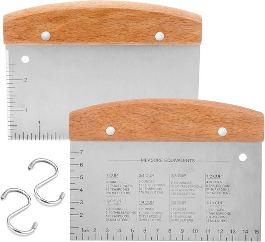 Bench Scraper Set of 2, HaSteeL Metal Dough Scraper Cutter Pastry Chopper with Wooden Handle, Heavy Duty Stainless Steel