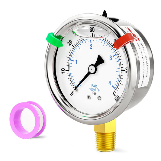 0-60psi Stainless Steel 1/4" NPT 2.5" Dial, Glycerin Liquid Filled Pressure Gauge Lower Mount for Pressure Testing of Water,
