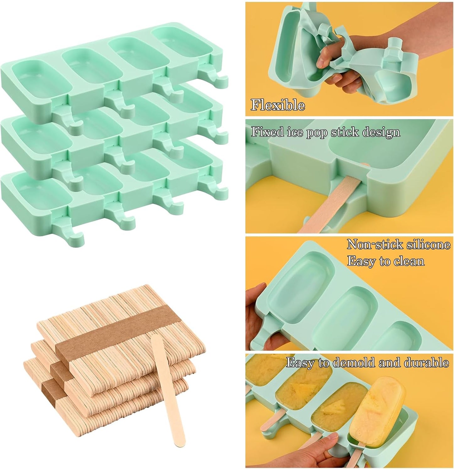 Large Oval 4 Cavities Silicone Popsicle Molds Set of 3, Green | Food Grade Silicone, Easy to Use, Include 150 Pcs Wooden Sticks, Homemade Ice Cream Molds for Ice Pop, Cakesicles, Cake Pop