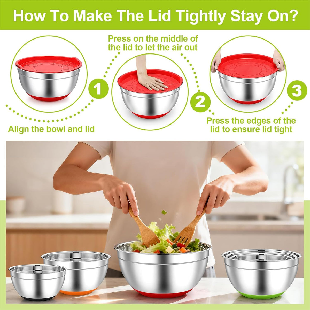 TeamFar Mixing Bowls, Stainless Steel Salad Bowls with Lids - Colorful | Nesting Bowls with Non-slip Bottom, for Kitchen Baking Preparing Serving, Stackable &amp; 6PCS - 4.6 /2.6 /2 / 1.5 /1 / 0.7 Qt