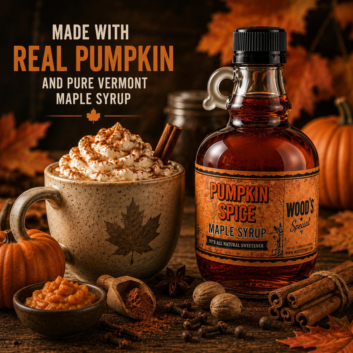 WOOD'S Pumpkin Spice Maple Syrup – Small-Batch Vermont Maple Syrup Infused with Cozy Fall Spices | Natural, Vegan Sweetener for Coffee, Pancakes, Baking &amp; More | 8.45 Fl Oz (250mL)