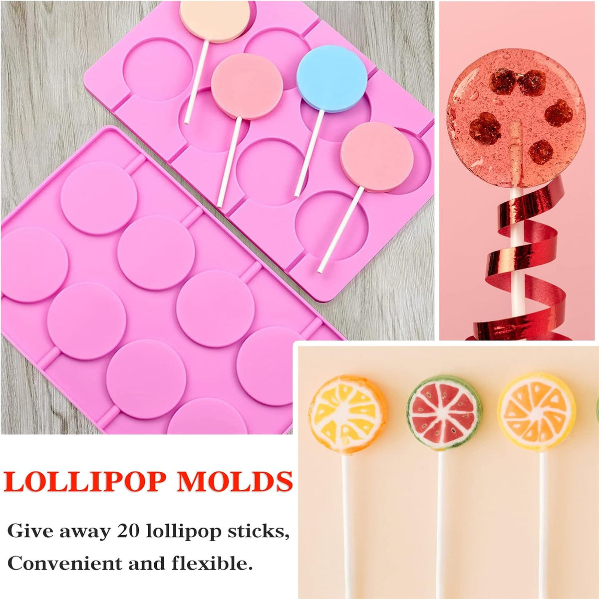Silicone Lollipop Molds Candy Molds Silicone Sucker Molds Hard Candy Mold &amp; 2x8 Rounds Nonstick Lollipop Mold With 20 Sticks for Candies,Bread,Jellies,Chocolate,Etc